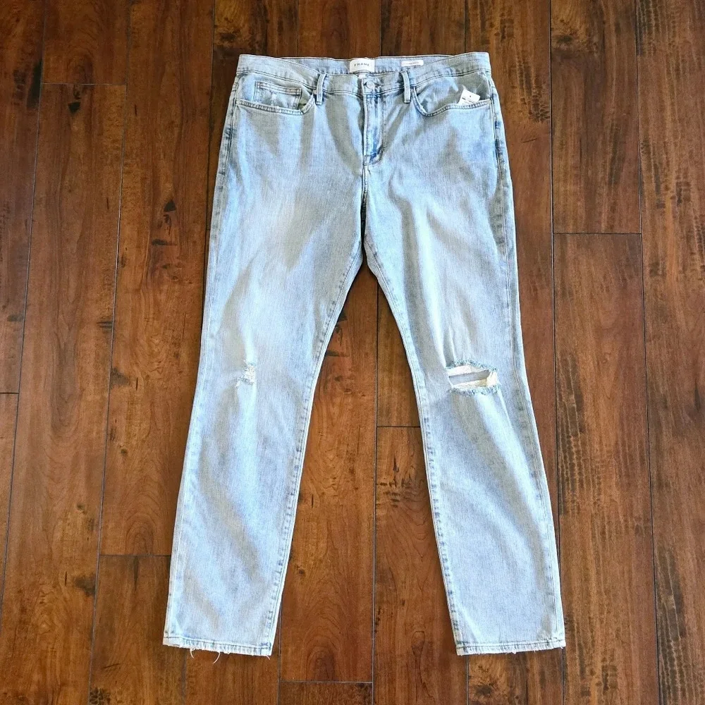 Frame Men's Denim L'Homme Skinny Fit Mid Rise Light Wash Distressed Jeans Sz 38